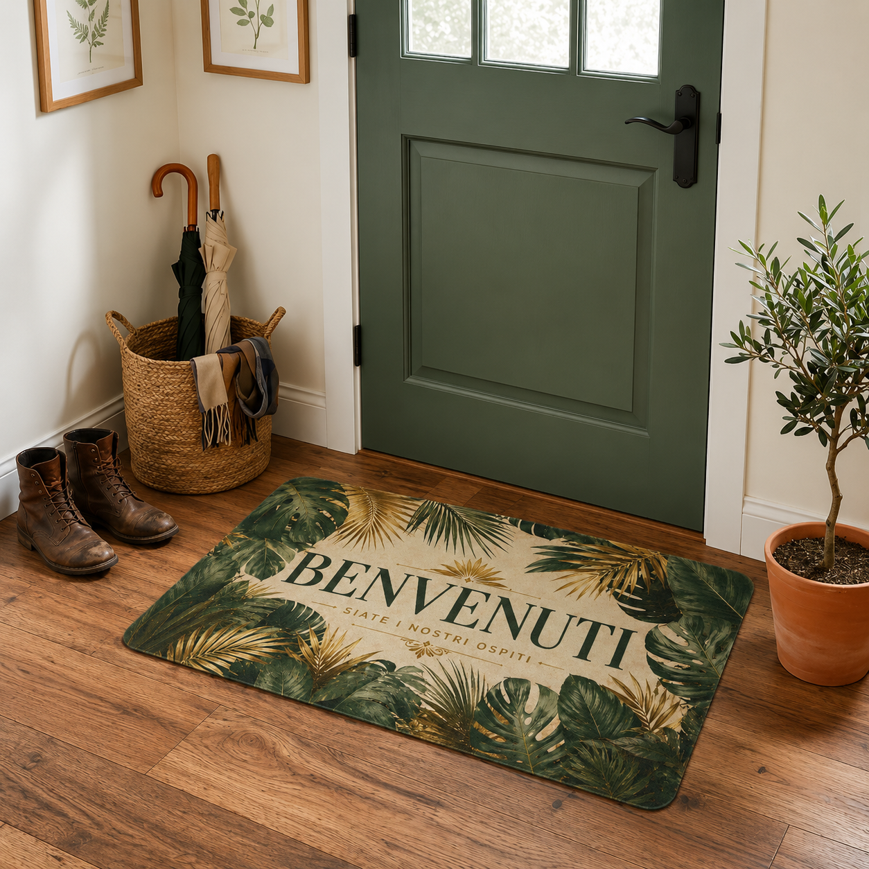 Benvenuti Tropical Welcome Doormat — Polyester Indoor/Outdoor Mat