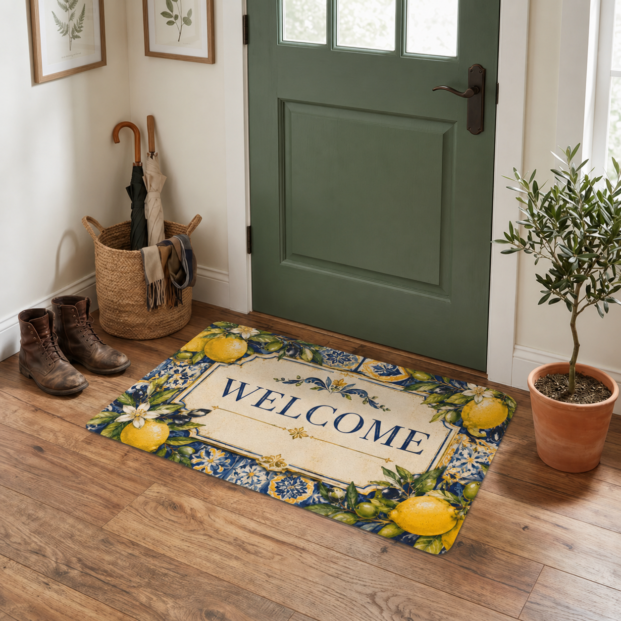 Lemon Tile Welcome Doormat — Polyester Decorative Outdoor/Indoor Mat